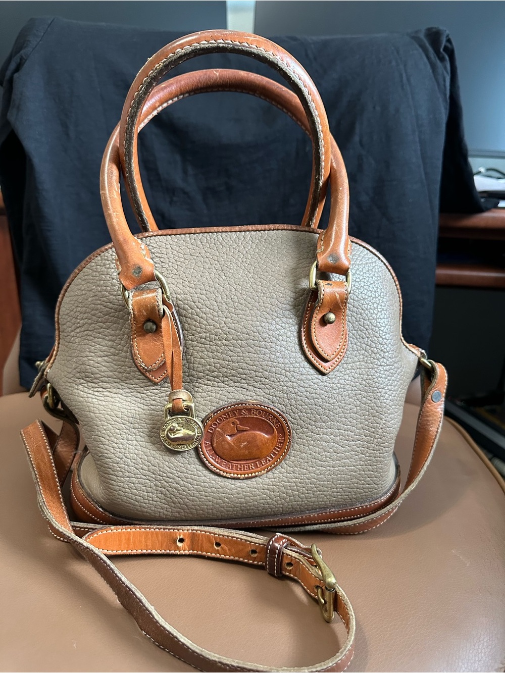 Vintage 80s Dooney & Bourke Taupe Pebbled Leather Satchel with Tan Trim